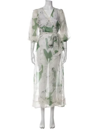 Pre-owned Kamperett Silk Printed Robe In Green