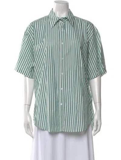 Pre-owned Kamperett Striped Short Sleeve Button-up Top W/ Tags In Green