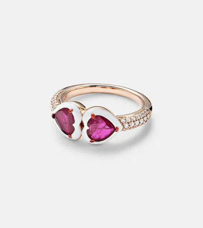 Kamyen 18kt Rose Gold Ring With Rubies And Diamonds In Pink