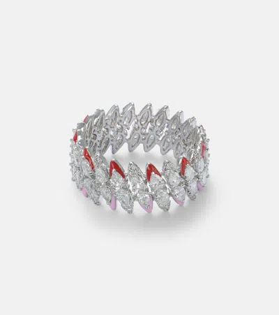 Kamyen 18kt White Gold And Enamel Ring With Diamonds In Silver
