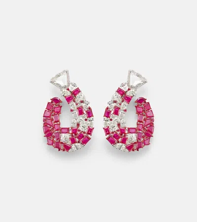 Kamyen 18kt White Gold Earrings With Rubies And Diamonds In Silver