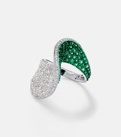 Kamyen Ring Aus 18kt Weissgold Mit Diamanten Und Smaragden