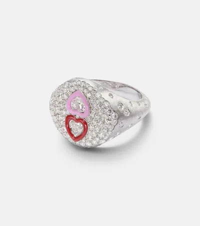 Kamyen 18kt White Gold Ring With Diamonds And Enamel In Multi