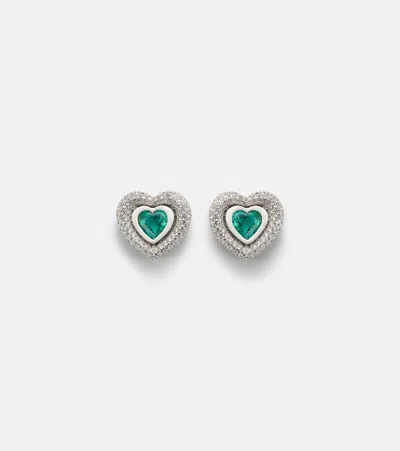 Kamyen Heart 18kt Gold Stud Earrings With Diamonds And Emeralds In Silver