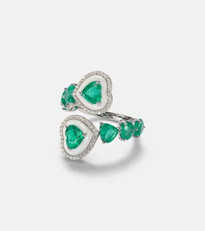 Kamyen Heart 18kt White Gold And Enamel Ring With Emeralds And Diamonds In Silver