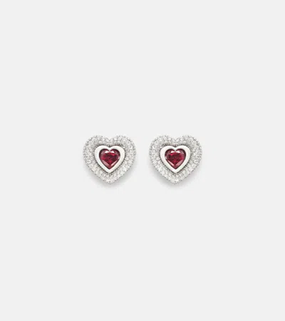 Kamyen Heart 18kt White Gold Earrings With Diamonds And Rubies In Green