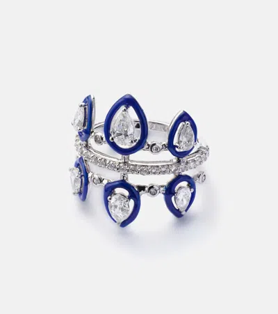 Kamyen Tulip 18kt White Gold Pinky Ring With Diamonds And Enamel In Silver