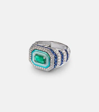 Kamyen Twin Flame 18kt White Gold Pinky Ring With Diamonds And Enamel In Multi