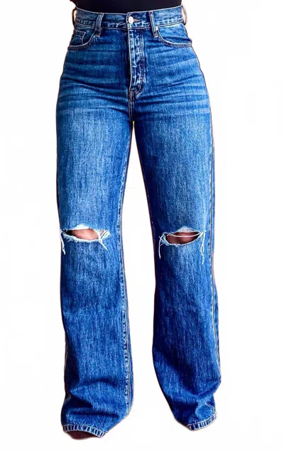 Kancan 90's Wide Leg Flare Denim Jeans In Mid Wash In Blue