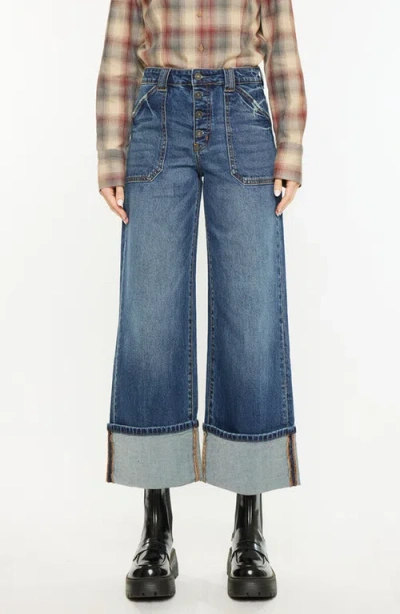 Kancan Beanie High Rise Ankle Wide Leg Jeans In Dark Wash