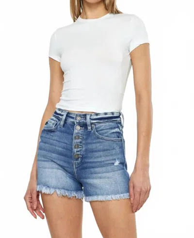 Kancan Button Fly High Rise Raw Hem Denim Shorts In Blue