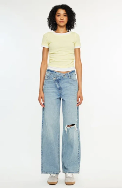 Kancan Cynn Low-slung Crossover Wide Leg Jeans In Blue