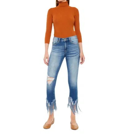 Kancan Dalton Mid Rise Fringe Ankle Skinny Jeans In Light Blue In Brown
