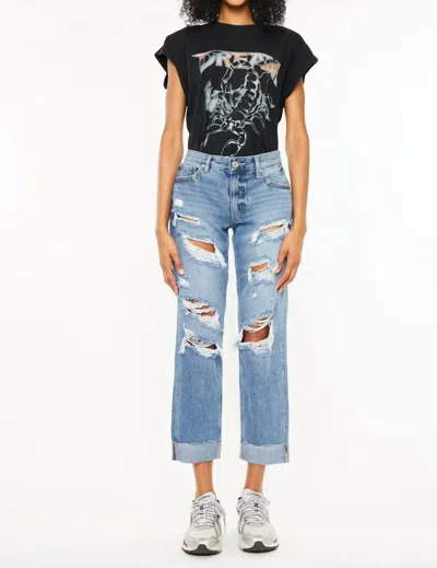 Kancan Delta Mid Rise Boyfriend Jeans In Medium Wash In Blue