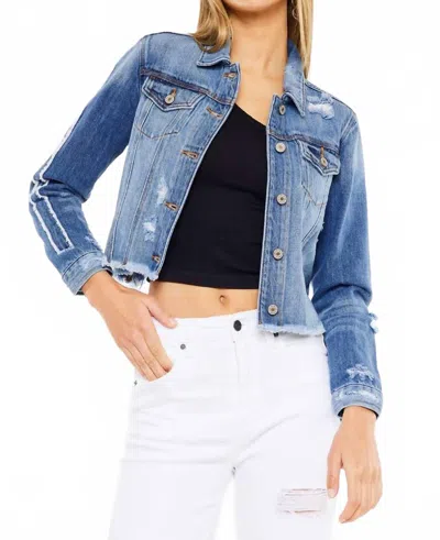 Kancan Destructed Crop Denim Jacket In Medium Wash In Blue