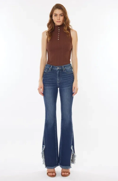 Kancan High Rise Hem Detail Boot Cut Jean In Dark Stone Wash In Brown