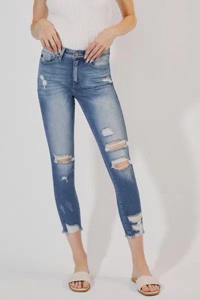 Kancan Distressed Ankle Skinny Jeans In Medium Wash In Blue