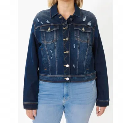Kancan Distressed Denim Jacket In Dark Blue Wash In Multi