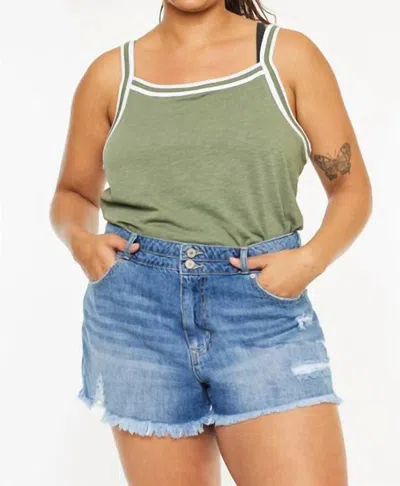 Kancan Distressed Denim Shorts In Medium Wash In Green