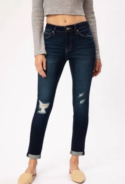 Kancan Distressed Mid Rise Jean In Dark Wash In Blue