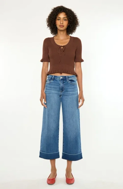 Kancan Fig Essentials Mid Rise Crop Wide Jeans In Blue