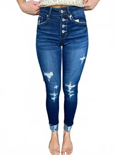 Kancan Harper Button-up Cuffed Skinny Jeans In Dark Wash In Blue