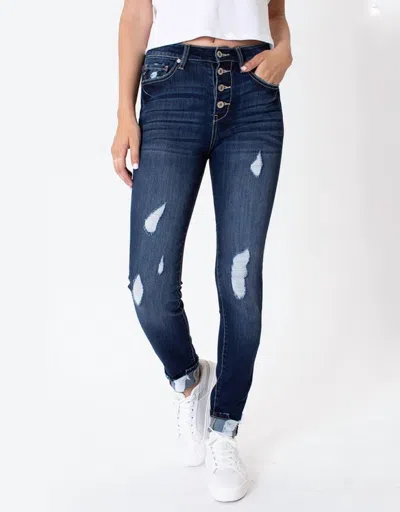Kancan High Rise 4-button Super Skinny Distressed Jean In Medium Wash In Blue
