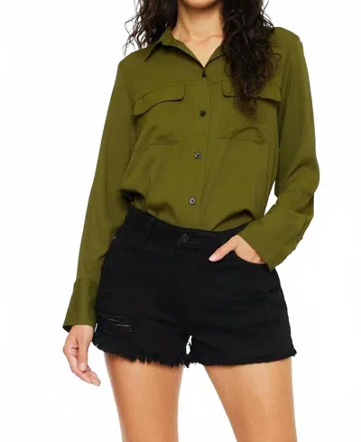 Kancan High Rise Black Fray Hem Denim Shorts In Green