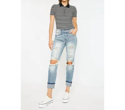 Kancan High Rise Boyfriend Jeans In Light Stone Wash Comfort Stretch