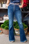 Kancan High Rise Button Flare Jean In Dark Blue Wash In Blue