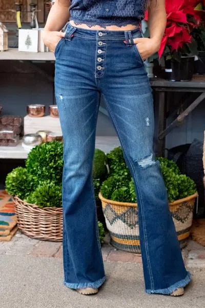 Kancan High Rise Button Flare Jean In Dark Blue Wash