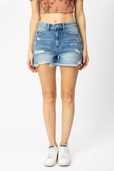 Kancan High Rise Distressed Shorts In Medium Wash In Blue