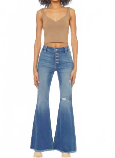Kancan High Rise Exposed Button Flare Jeans In Medium Wash In Blue