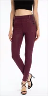 Kancan High Rise Faux Leather Button Jeans In Burgundy In Red