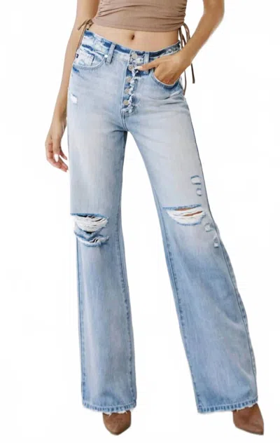Kancan High Rise Flare Distressed Jeans In Light Wash In Blue