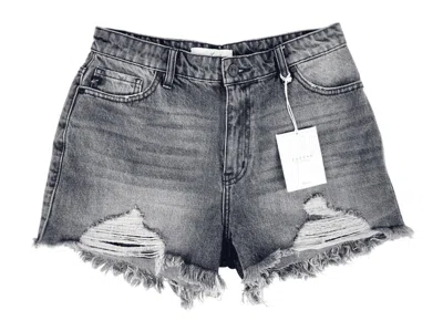 Kancan High Rise Frayed Hem Denim Shorts In Light Grey