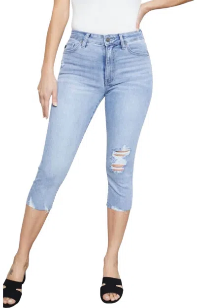 Kancan High Rise Frayed Skinny Capri Pants In Light Wash In Blue