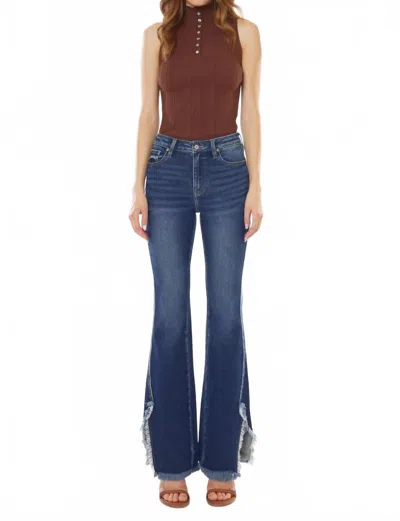 Kancan High Rise Hem Detail Boot Cut Jean In Dark Stone Wash In Brown
