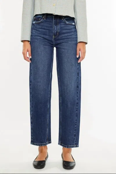 Kancan High Rise Slim Barrel Jeans In Dark Wash In Blue