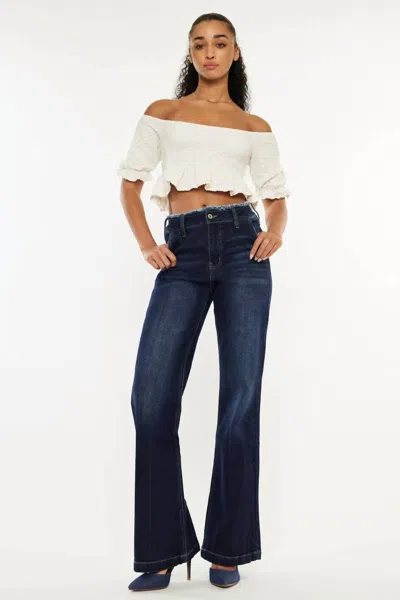 Kancan High Rise Wide Flare Jeans In Dark In Blue