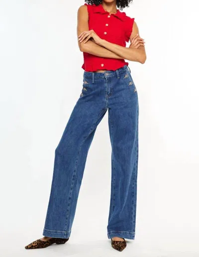 Kancan High Rise Wide Leg Drape Trousers In Dark Wash Denim In Blue