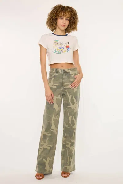 Kancan High-rise Wide-leg Western Jeans In Camo In Green