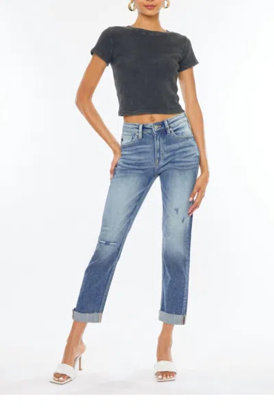 Kancan Koen High Rise Straight Cuff Jeans In Medium Blue