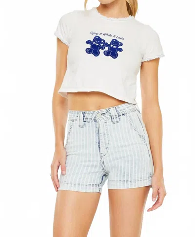 Kancan Kyan High Rise Stripe Denim Shorts In Light Wash In Blue