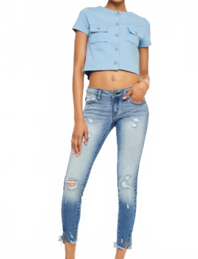 Kancan Low Rise Distressed Ankle Skinny Jeans In Light Wash In Blue