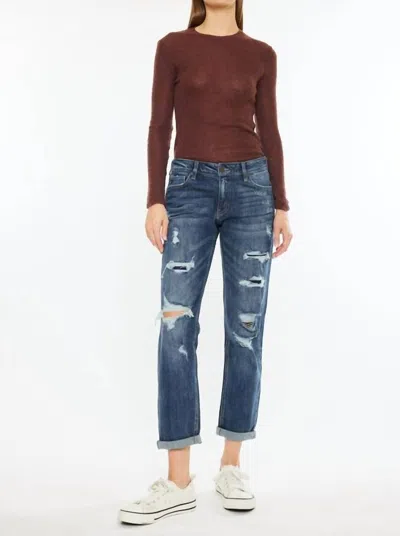 Kancan Mid Rise Boyfriend Jean In Dark Wash In Blue