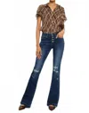 Kancan Alisha Distressed Denim Flare Jeans In Dark Stone Wash In Blue