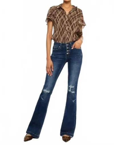 KANCAN MID RISE BUTTON UP DISTRESSED FLARE JEANS IN BLUE
