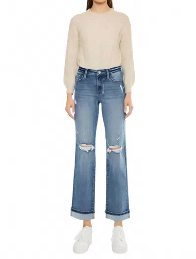 Kancan Mid Rise Cuff Hem Straight Leg Jeans In Medium In Blue