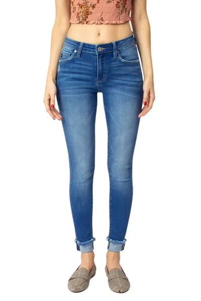 Kancan Mid Rise Cuffed Ankle Skinny Jeans In Medium Blue Wash In Multi